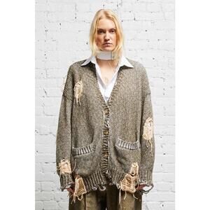 NWT~R13 Distressed Khaki Tweed Jumbo Cardigan Size XS
